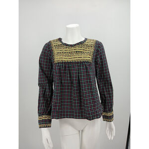J CREW Embroidered Gilded Peasant Holiday Top Size S Tartan Plaid